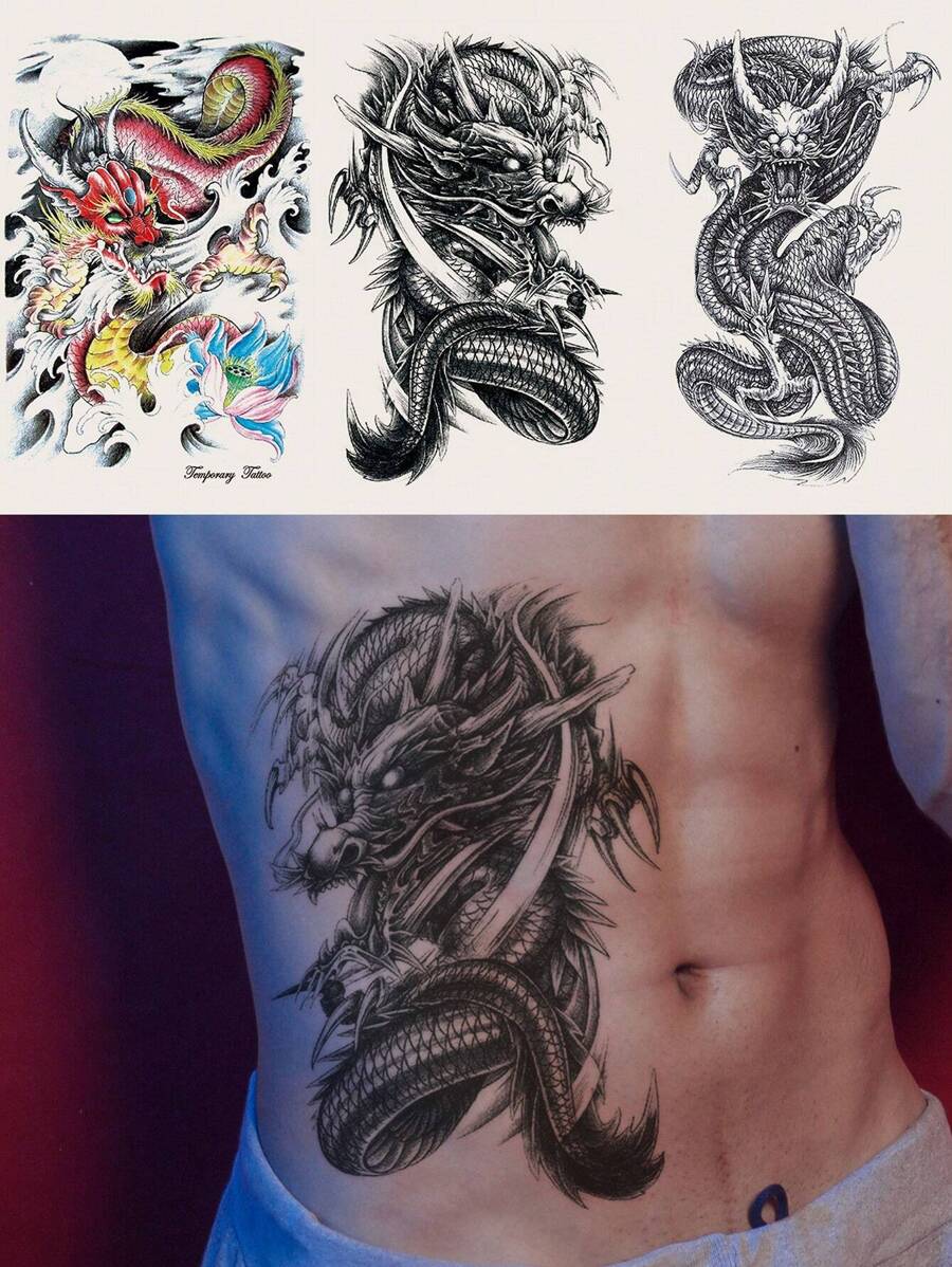3 Piezas Sticker Temporal De Tatuaje Corporal Grande De Moda Con Patrón De Dragón Y Flor Personalizado Para Cubrir Cicatrices En El Brazo, Pecho, Abdomen Y Espalda - Multicolor - Ver 1