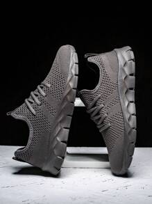 Men's Knitted Mesh Breathable Sports Running Shoes Outdoor Casual Shoes In Solid Color, Lightweight And Durable - Grey - View 2