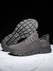 Men's Knitted Mesh Breathable Sports Running Shoes Outdoor Casual Shoes In Solid Color, Lightweight And Durable - Grey - View 3