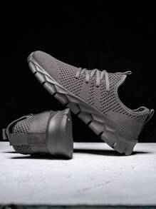 Men's Knitted Mesh Breathable Sports Running Shoes Outdoor Casual Shoes In Solid Color, Lightweight And Durable - Grey - View 4