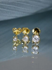 SereneSpark 3pcs S925 Sterling Silver Petite Colorful Crystal Stud Earrings, Unisex, Suitable For Party Wear, Exquisite Jewelry - Gold - View 5