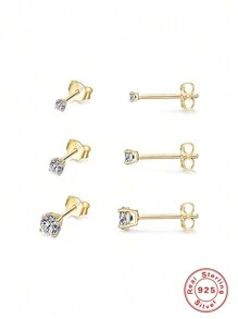 SereneSpark 3pcs S925 Sterling Silver Petite Colorful Crystal Stud Earrings, Unisex, Suitable For Party Wear, Exquisite Jewelry - Gold - View 3