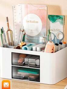 Organizador de escritorio multifuncional con cajon y 6 compartimentos - Azul - Ver 3