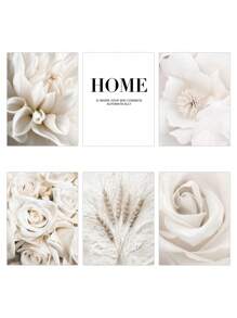 6 件米色藝術印刷品花卉印刷圖片牡丹玫瑰壁畫浪漫帆布海報小麥牆藝術畫北歐牆壁海報客廳裝飾無框 - 彩色 - 查看 6