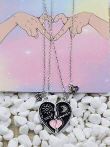 2 件裝月亮和半心形滴油吊墜項鍊套裝,好朋友風格 - 黑色 - 查看 2