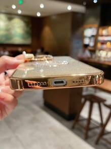 1pc Full Screen Flashing Bling Gold Plated Rhinestone Drop Proof Case With Logo Window Compatible With Iphone