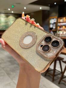 1pc Full Screen Flashing Bling Gold Plated Rhinestone Drop Proof Case With Logo Window Compatible With Iphone