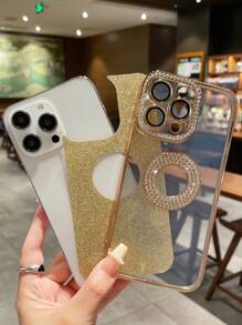 1pc Full Screen Flashing Bling Gold Plated Rhinestone Drop Proof Case With Logo Window Compatible With Iphone