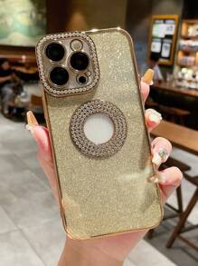 1pc Full Screen Flashing Bling Gold Plated Rhinestone Drop Proof Case With Logo Window Compatible With Iphone
