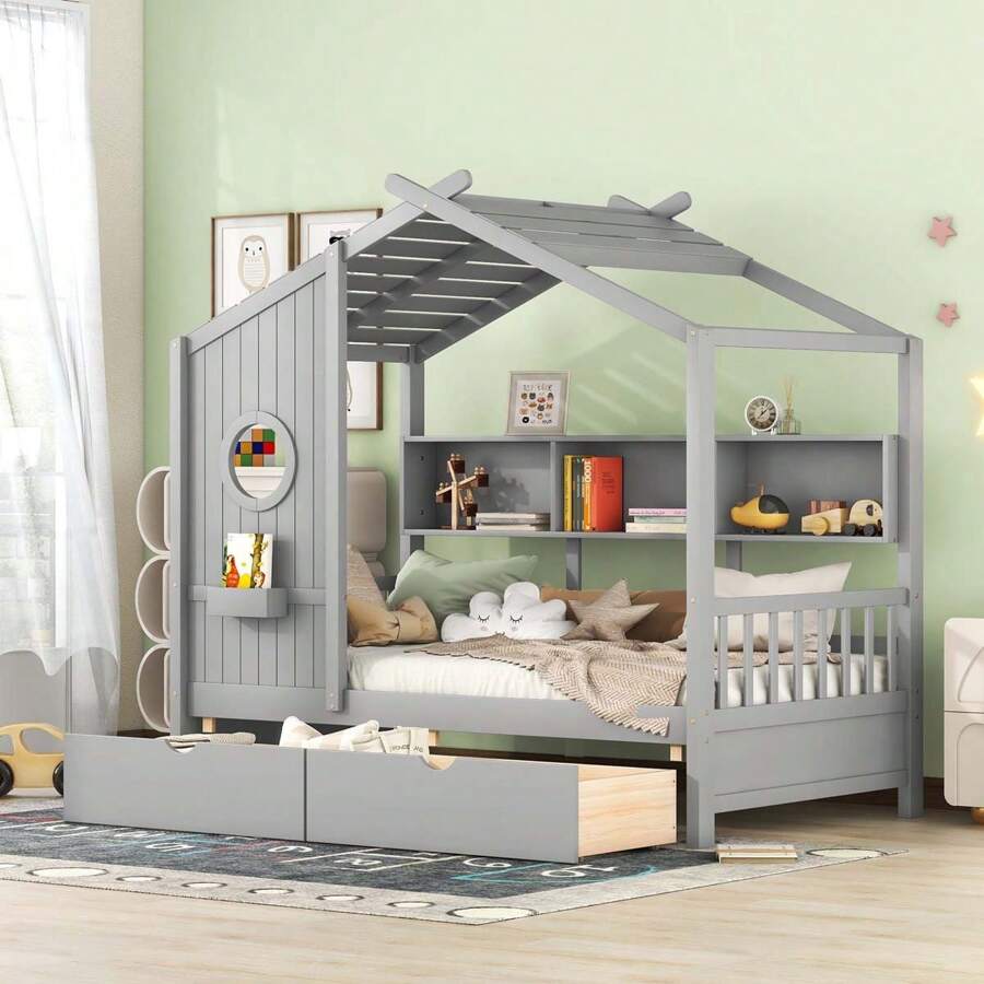 Wooden Twin Size House Bed With 2 Drawers,Kids Bed With Storage Shelf, Gray