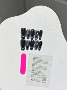 10片/套 超长棺材形渐变黑色猫眼水钻可拆卸按压式美甲贴片，含果冻胶，包含1个角质层推棒和1个指甲锉，手工按压式美甲贴片 - 彩色 - 查看 6