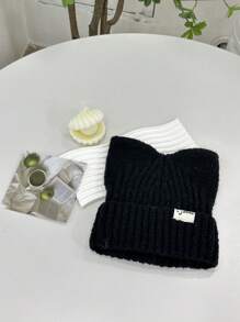 1頂女式貓耳弓結設計韓式甜美帽子,冬季必備 - 黑色 - 查看 2