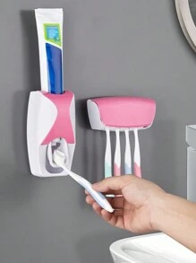 1pc Creative Automatic Toothpaste Dispenser With Toothbrush Holder Bathroom Accessories Set - Pink - View 1