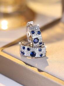 Vanel 2 pièces Créoles À La Mode Bleu Rond Micro-Incrusté Pétillant Zircone Cubique Décor Pour Femme , Adapté Pour Quotidien Et Officiel Porter