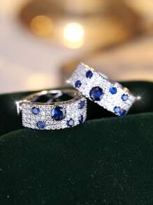 Vanel 2 pièces Créoles À La Mode Bleu Rond Micro-Incrusté Pétillant Zircone Cubique Décor Pour Femme , Adapté Pour Quotidien Et Officiel Porter