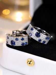 Vanel 2 pièces Créoles À La Mode Bleu Rond Micro-Incrusté Pétillant Zircone Cubique Décor Pour Femme , Adapté Pour Quotidien Et Officiel Porter