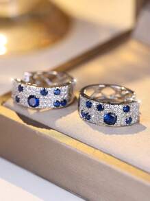 Vanel 2 pièces Créoles À La Mode Bleu Rond Micro-Incrusté Pétillant Zircone Cubique Décor Pour Femme , Adapté Pour Quotidien Et Officiel Porter