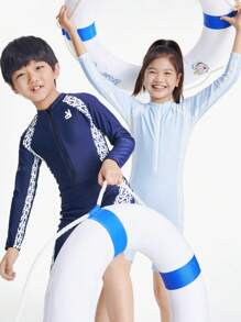 Annil Boys And Girls Summer Long Sleeve Sun Protection Kids One Piece Swimsuit With Swim Cap 2-Piece Set Dark Blue - Navy Blue - View 3