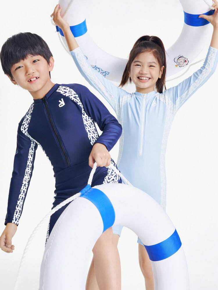 Annil Boys And Girls Summer Long Sleeve Sun Protection Kids One Piece Swimsuit With Swim Cap 2-Piece Set Dark Blue