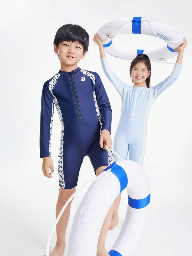 Annil Boys And Girls Summer Long Sleeve Sun Protection Kids One Piece Swimsuit With Swim Cap 2-Piece Set Dark Blue