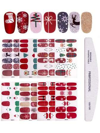 8 张圣诞自粘美甲贴纸，配 1 个指甲锉，DIY 圣诞美甲套装带模板，包括圣诞树、雪花、驯鹿等美甲用品，指甲，指甲饰物，指甲宝石