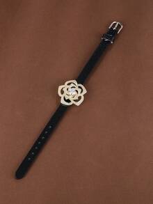 1pc Delicate Rose Shaped Copper And Cubic Zirconia Decor Bracelet Watch Strap Design - Gold - View 4