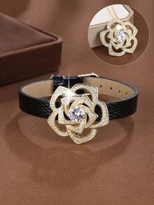 1pc Delicate Rose Shaped Copper And Cubic Zirconia Decor Bracelet Watch Strap Design - Gold - View 1