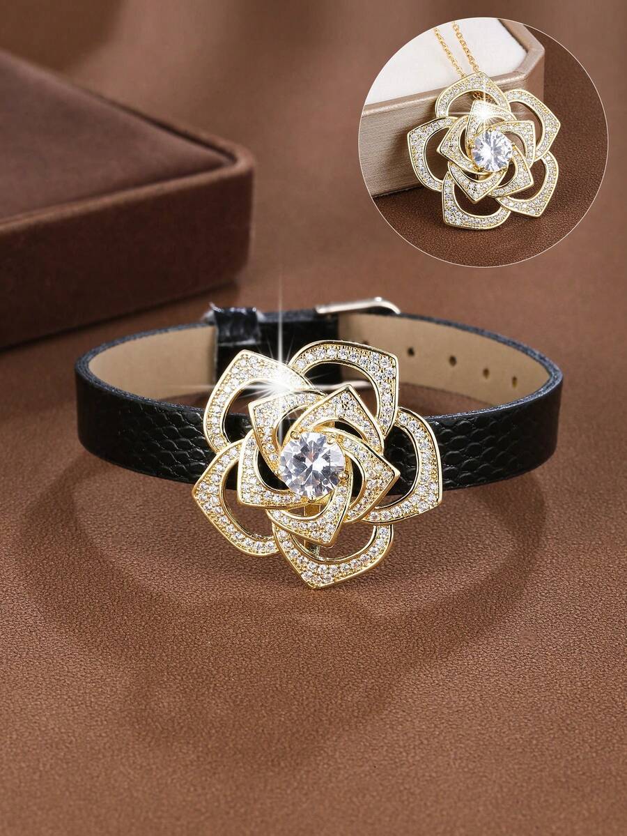 1pc Delicate Rose Shaped Copper And Cubic Zirconia Decor Bracelet Watch Strap Design - Gold - View 1