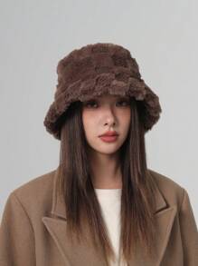 1pc Women's Fashionable Coffee Color Checkboard Bucket Hat For Daily Wear, Autumn/Winter Warm Bucket Hat - Coffee Brown - View 13