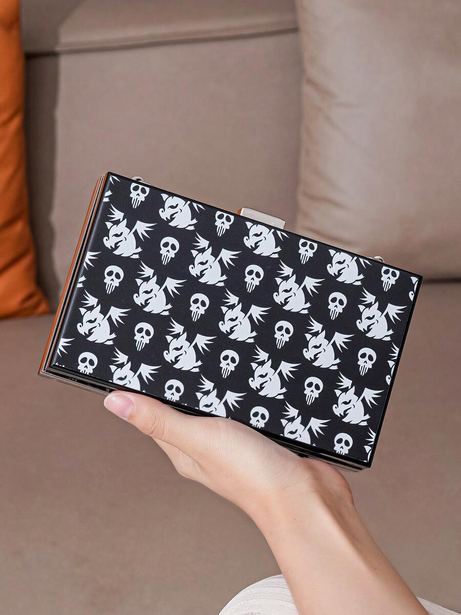 Ladies' Skull Pattern Halloween Evening Clutch - Black and White - View 1