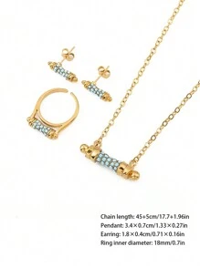 1set Simple Copper Plated Blue Stone Inlay Ear Studs Ring Necklace Jewelry Set Suitable For Women's Daily Wear - Yellow Gold - View 9