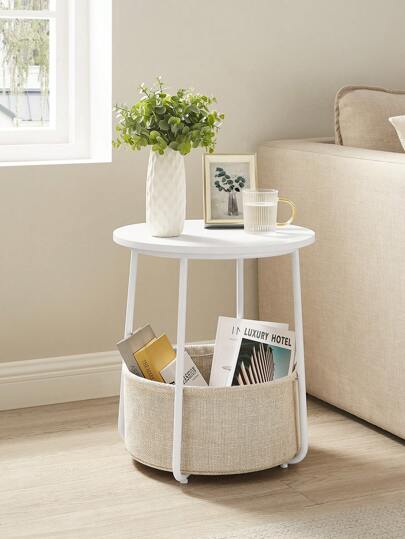 VASAGLE Beistelltisch rund, kleiner Tisch, Couchtisch klein, Wohnzimmertisch mit Korb aus Stoff, Stauraum für Wohnzimmer, Schlafzimmer, Nachttisch modern