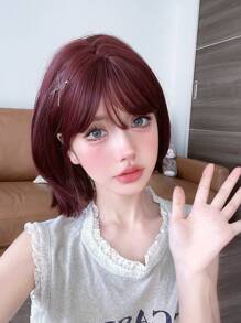 alicegarden 1 Piece Synthetic Heat-Resistant,Short Straight Wig With Bangs In Red Wigs , 12 Inches Long, Made From Fiber, Stylish Wigs, Natural And Realistic Wig - Burgundy - View 4