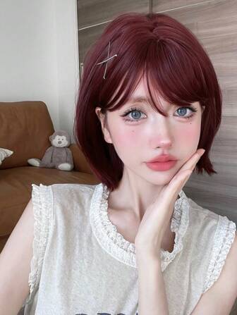 alicegarden 1 Piece Synthetic Heat-Resistant,Short Straight Wig With Bangs In Red Wigs , 12 Inches Long, Made From Fiber, Stylish Wigs, Natural And Realistic Wig