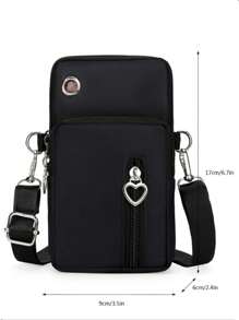 女士休闲运动户外活动手机包手腕包多层纯色零钱包斜挎包印花任意位置单肩包2023新款欧美风格迷你简约多层手机钱包带绳竖款零钱包适合上学拉链便携多功能可爱时尚女士钱包黑色包包礼物礼物教师节礼物心形钱包兼容包袋手机 - 黑色 - 查看 3