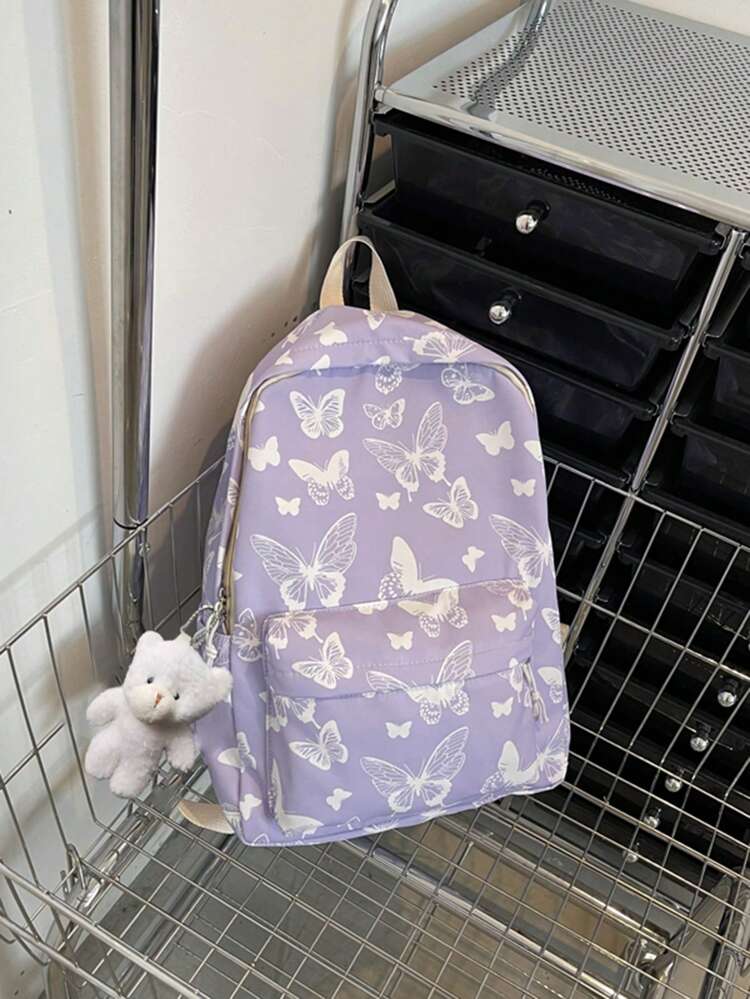 Butterfly Pattern Simple & Versatile Large Capacity Student Backpack With PendantSchool Backpack,School BagCuteFor Teen Girls Women College StudentsMiddle School,High School,Outdoors,Travel,Outings,School Bag,Portable,Laptop Compartment,Large Capacity,For Teen Girls Women College Students,College,Middle School,High School,Outdoors,Travel,Outings,Elementary School,Office , Purple