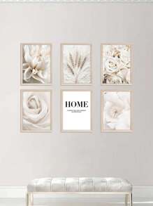 6 件米色藝術印刷品花卉印刷圖片牡丹玫瑰壁畫浪漫帆布海報小麥牆藝術畫北歐牆壁海報客廳裝飾無框 - 彩色 - 查看 1