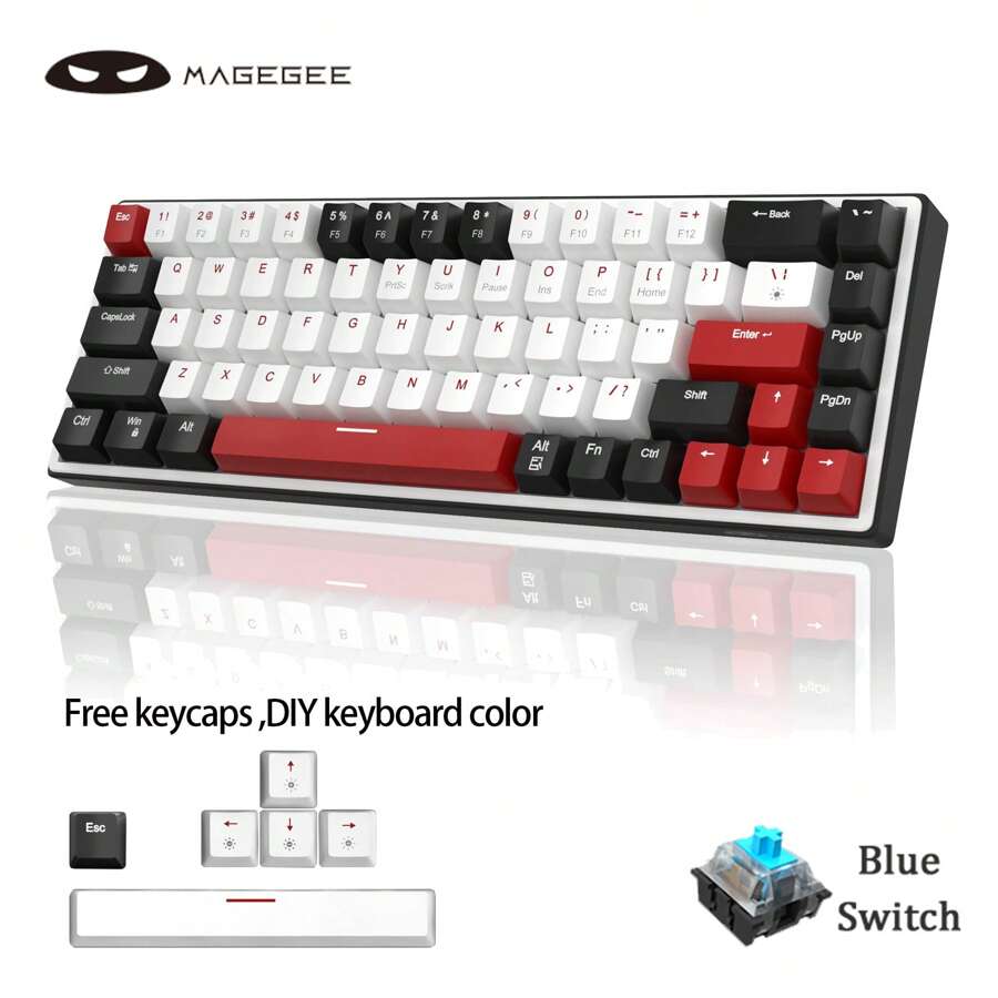 MageGee MK-Sky 65% Layout Hot Swappable Mechanical Keyboard Wired Gaming Keyboard Hot Swappable 68 Keys LED Backlight Mini Compact Keyboards for Laptop Windows PC Gamer Black White-Blue Switch