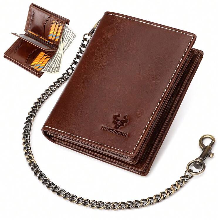 Billetera plegable para hombre de cuero genuino HUMERPAUL con RFID, portador de tarjetas de crédito clásico, bolsa de dinero anti-pérdida con cadena - Café integral - Añade 7