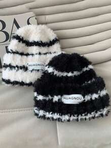 1 Pezzo Cappello In Maglia A Righe Oversize In Pelliccia Di Coniglio Per Donna, Caldo Beanie Invernale Per Uso Quotidiano
