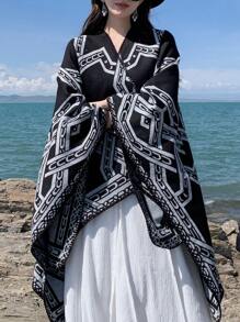 Women's Metallic Thread Open Front Split Shawl, All Seasons - Black and White - View 3