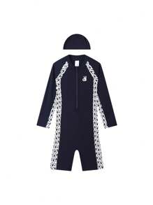 Annil Boys And Girls Summer Long Sleeve Sun Protection Kids One Piece Swimsuit With Swim Cap 2-Piece Set Dark Blue - Navy Blue - View 4