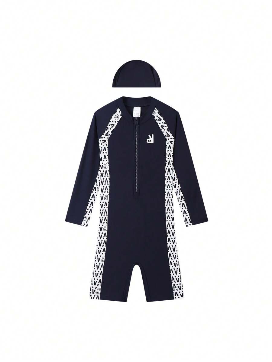 Boys And Girls Summer Long Sleeve Sun Protection Kids One Piece Swimsuit With Swim Cap 2-Piece Set Dark Blue