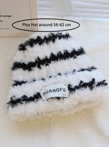 1 Pezzo Cappello In Maglia A Righe Oversize In Pelliccia Di Coniglio Per Donna, Caldo Beanie Invernale Per Uso Quotidiano