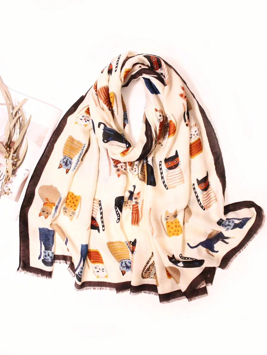 Cute 1pc Fashionable And Popular Scarf With Cat Pattern, Suitable For Daily Wear - Beige - View 1
