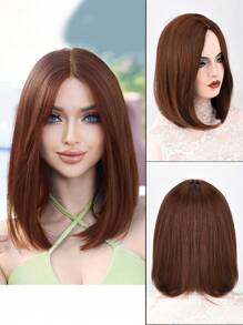 Peluca de una pieza para mujer, sin flequillo en el medio, pelo corto castaño claro, corte central de 12 pulgadas, peluca sintética sin flequillo, uso diario, simulación de seda natural esponjosa de alta temperatura - Marrón - Ver 1