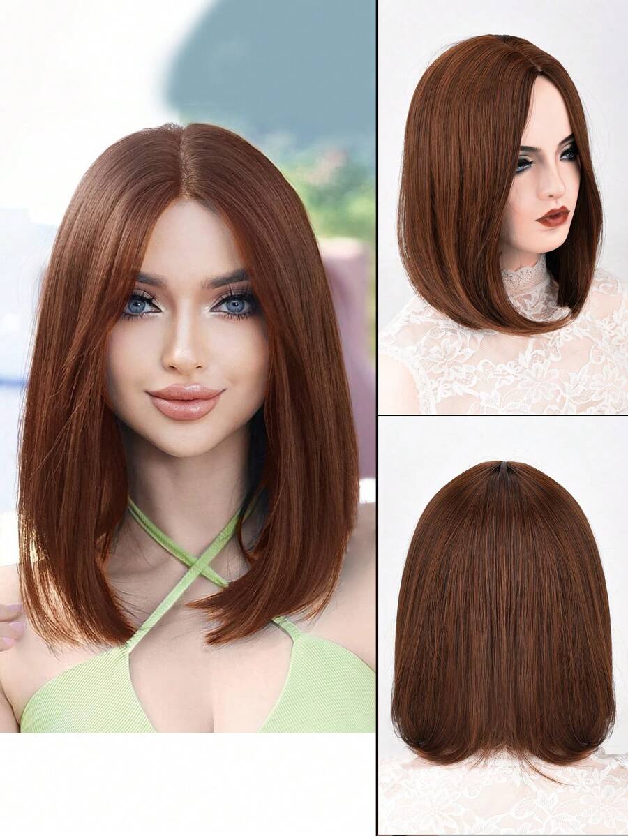 Peluca de una pieza para mujer, sin flequillo en el medio, pelo corto castaño claro, corte central de 12 pulgadas, peluca sintética sin flequillo, uso diario, simulación de seda natural esponjosa de alta temperatura - Marrón - Ver 1