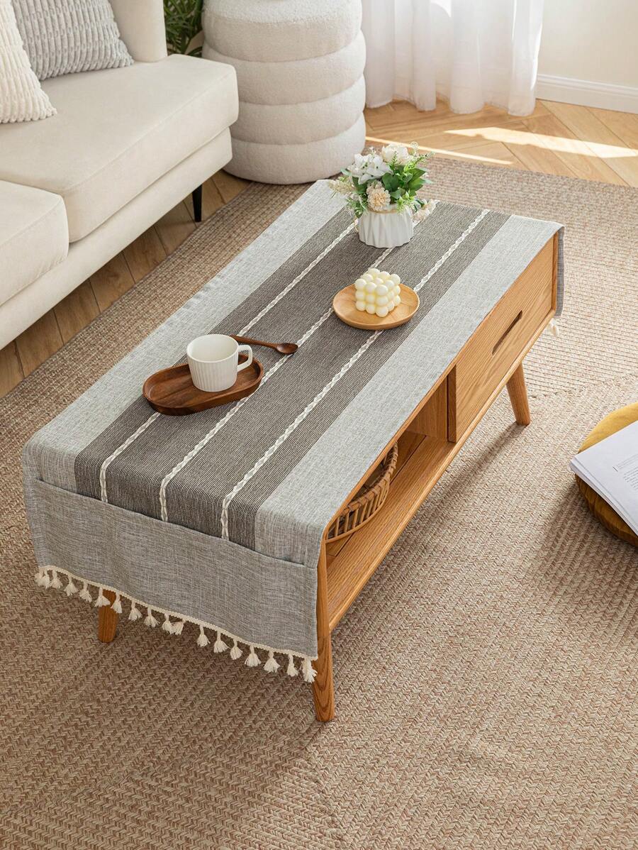 Minimalist Style Table Runner With Pocket For Coffee Table, Gray Striped Polyester, For Indoor Use - Grey - View 1