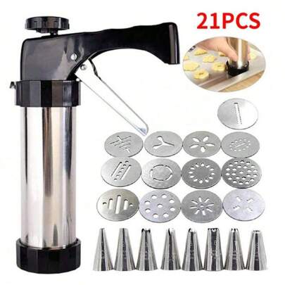 22PCS/Set Stainless Steel Cake Cream Decorating Gun Sets Cookie Making Machine Nozzles Mold Pastry Syringe Extruder Kitchen Baking Tools  Hand Pressing Machine Household DIY Baking Tools