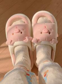 女士可愛豬設計亞麻家居拖鞋，適用於春夏秋季 - 彩色 - 查看 4